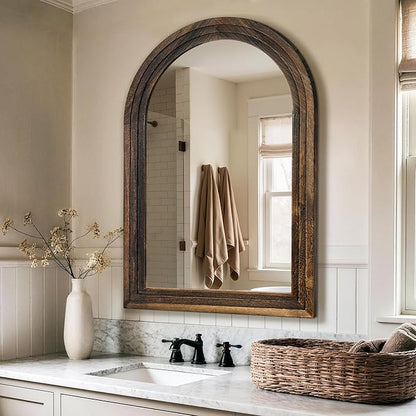Arched Bathroom Mirror, 38"x26" Brown Wood Frame Wall Mirror | Farmhouse Vintage Vanity Mirror with Layered Frame for Entryway, Living Room, Bedroom