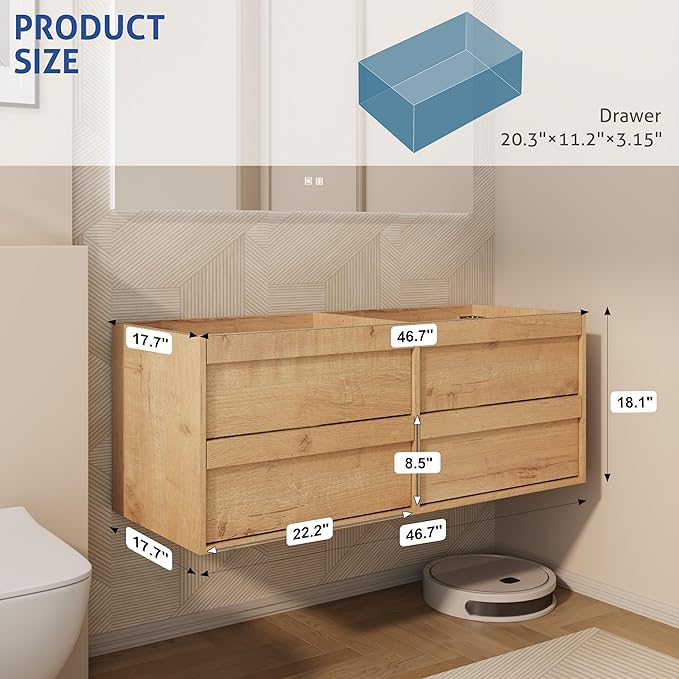 eclife 48" Floating Bathroom Vanity Sink Combo, Wall Mounted Modern Minimalist Storage Cabinet with 4 Drawers, Exclude Sink, Faucet & Drain, Natural