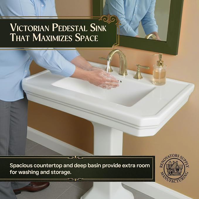 Renovators Supply Manufacturing Victorian 32" W x 34.5" H x 22" Proj. Large White Bathroom Pedestal Sink, Vitreous China, with Overflow, Compatible with 8 in. Widespread Faucets