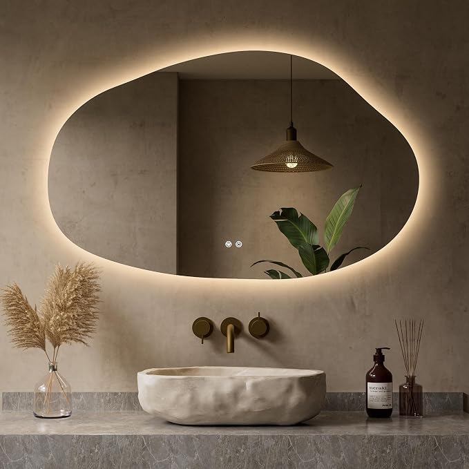 Keonjinn Irregular Bathroom Mirror with Lights 48" x 30", Tempered Glass | Asymmetrical Backlit Bathroom Mirror, Stepless Dimmable with 3 Colors, Fast Defogging, Memory Function, Plug-in/Hardwired