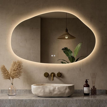 Keonjinn Irregular Bathroom Mirror with Lights 48" x 30", Tempered Glass | Asymmetrical Backlit Bathroom Mirror, Stepless Dimmable with 3 Colors, Fast Defogging, Memory Function, Plug-in/Hardwired
