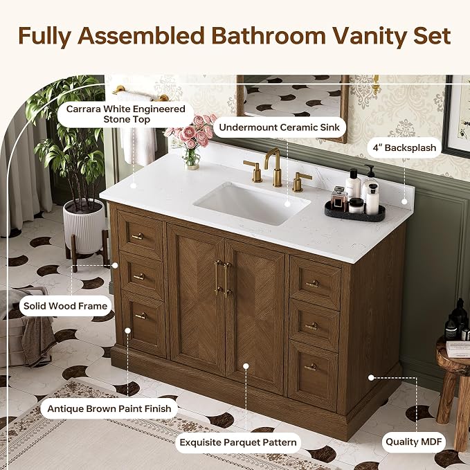 48 Inch Walnut Bathroom Vanity with Sink, Freestanding Transitional Vanities, Soft Close Parquet Doors & Dovetail Drawers, Fully Assembled Solid Wood Vanity for Bathroom Renovation