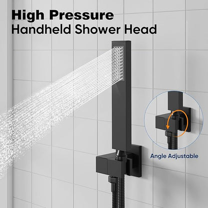 ESNBIA Black Shower Faucet Set, 12 Inches Rainfall Shower System with Rain Shower Head and Handle Set, All Metal Shower Fixtures with Pressure Balance Shower Valve, Matte Black