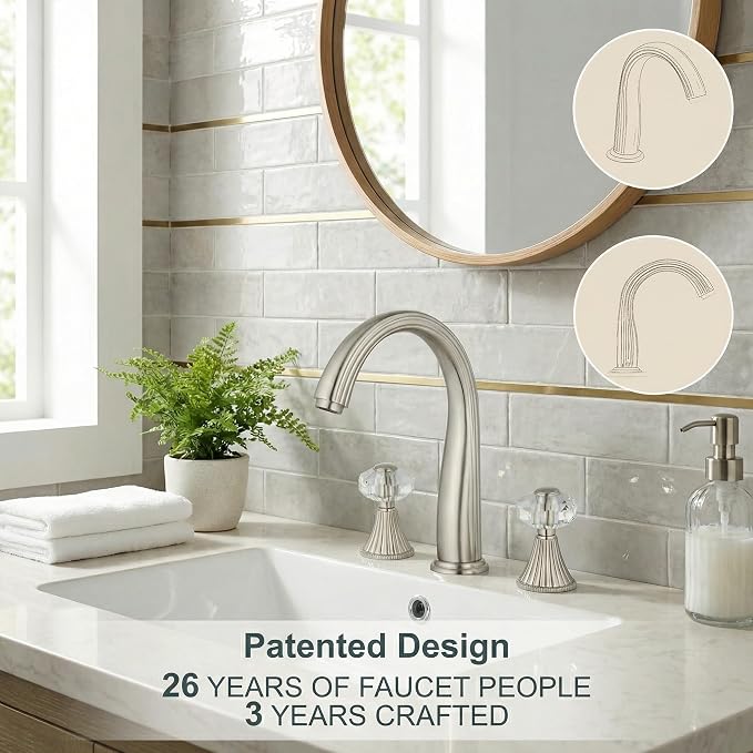 3 Hole Brushed Nickel Crystal Sink Vanity 8 Inch Brass 2 Handles 2 Tone Widespread Modern Unique 3 Piece Bathroom Sink Faucets, Antique Lavabo Faucet, Vintage Lavatory Vessel Luxury Mixer Tap