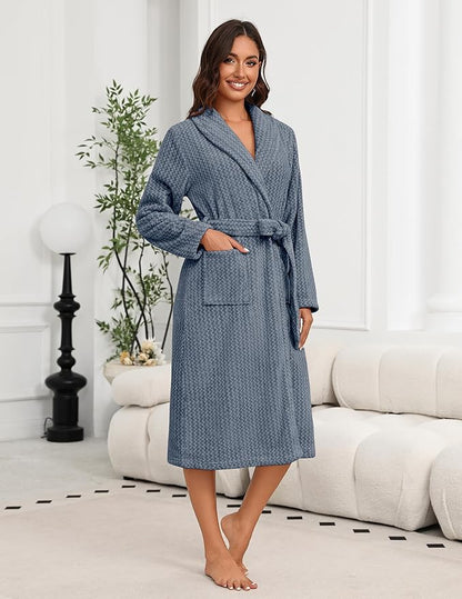 Ekouaer Women's Robe Long Plush Soft Bathrobe Cozy Warm Robes Shawl Collar Sleepwear with Pockets