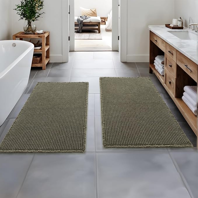 MIULEE Set of 2 Waffle Bathroom Runner Rugs Green 2'x4'(24"x48") | Non Slip, Super Absorbent, Washable, Ultra Soft, Boho Bath Mats for Bathroom Hallway Bedroom Laundry Room Kitchen