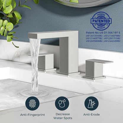 FORIOUS 8 in Brushed Nickel Bathroom Faucet Waterfall 3 Holes, Commercial | Two Handle 3 Hole Bathroom Sink Faucet Brushed Nickel, Silver Waterfall Faucet for Bathroom Sink for Renovation and Upgrading