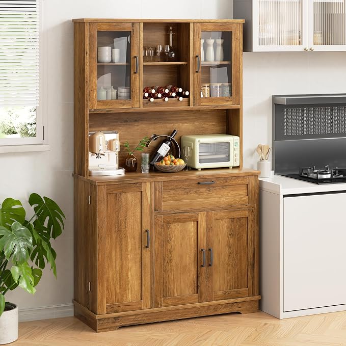 Shintenchi 68" Kitchen Pantry Storage Cabinet, with Microwave Stand, Brown | Freestanding Buffet Cabinet, with 3 Door Shelves, Kitchen Hutch with Doors, Adjustable Shelves and Wine Rack