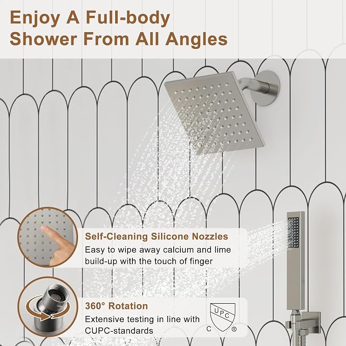 CASAINC Thermostatic Shower System 12" Ceiling-Mounted Rain Shower Head with 6" Shower Head, Smart Shower System with Handheld Spray, LED Light & Music, Water Temperature Display (Brushed Nickel)