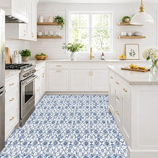 Delft Blue Floral Vine Peel and Stick Floor Tiles 12x12 Inch 10PCS | Delft blue floral vine pattern on a white background vinyl floor stickers for kitchen bathroom entryway and indoor home decor