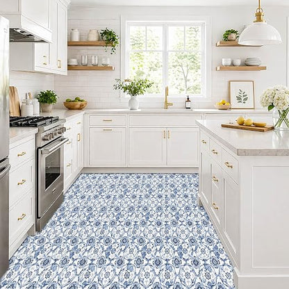 Delft Blue Floral Vine Peel and Stick Floor Tiles 12x12 Inch 10PCS | Delft blue floral vine pattern on a white background vinyl floor stickers for kitchen bathroom entryway and indoor home decor