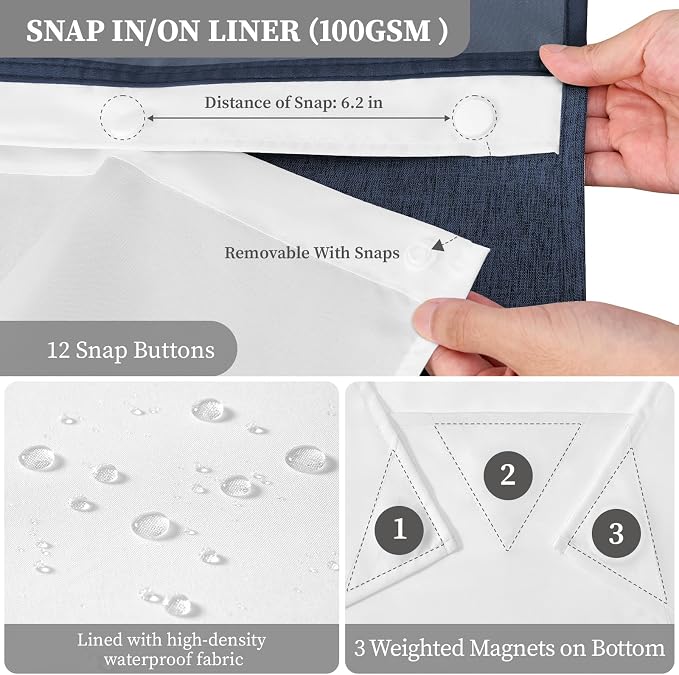 Navy Blue Ringless Linen Look Shower Curtain with Snap in Liner, 72x75 | 3 in 1 Hotel Shower Curtain Set, Removable Liner, Waterproof & Washable, Mesh Top Window, Durable Fabric, Easy to Install