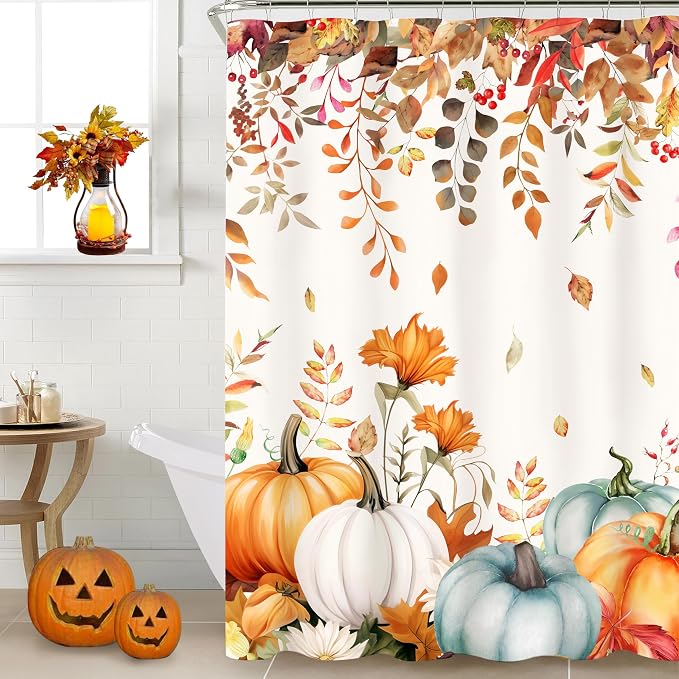 Fall Shower Curtain Set Autumn Pumpkin Eucalyptus Leaves Shower Curtains Rustic Waterproof Fabric Bath Curtains with 12 Hooks for Fall Home Bathroom Decor, 72 x 72 Inches