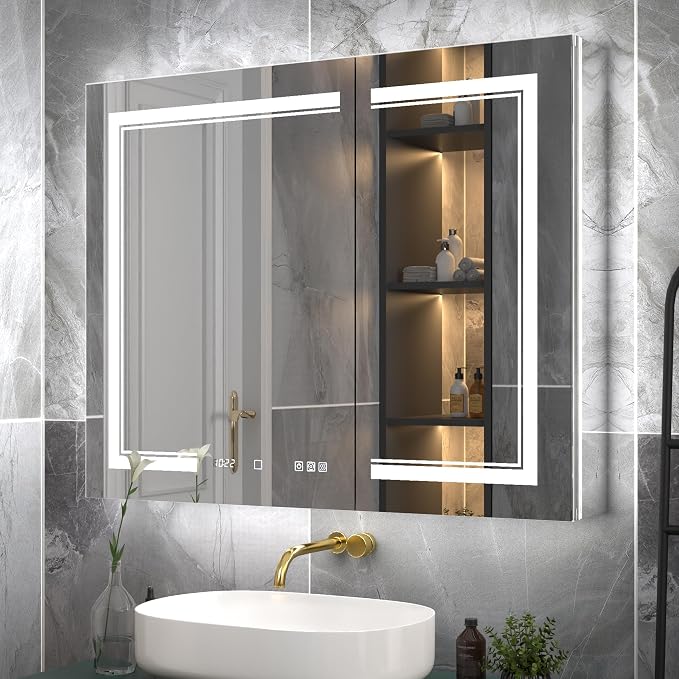 40x32-Inch Lighted Medicine Cabinet with Mirror,Removable 10X Magnificer | Clock,1800W Outlet,Soft-Closed,Front&Backlit,Anti-Fog,Dimmable&Tunable,Sensor LED,Recessed/Surface,Adjustable Shelves