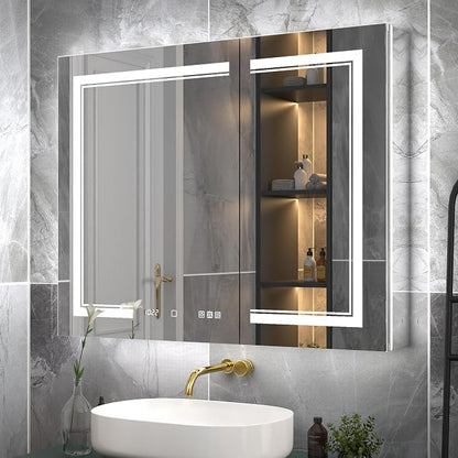 40x32-Inch Lighted Medicine Cabinet with Mirror,Removable 10X Magnificer | Clock,1800W Outlet,Soft-Closed,Front&Backlit,Anti-Fog,Dimmable&Tunable,Sensor LED,Recessed/Surface,Adjustable Shelves