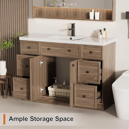 LUCKWIND 48" Bathroom Vanity Sink Combo, Modern Bathroom Cabinet with Single Undermount Solid Surface Vanity Sink, Soft-Close Hinges & Water-Saving Faucet, Taupe