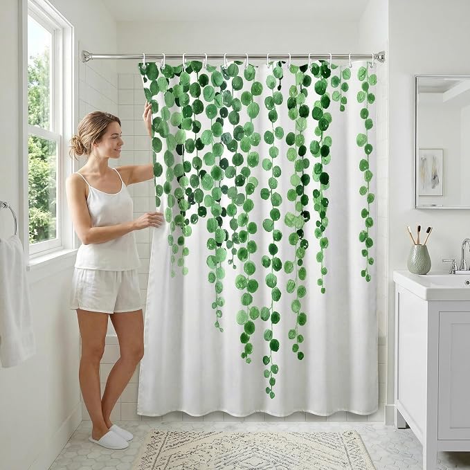 Americanflat 71x74 Botanical Shower Curtain - Water-Resistant Long Shower Curtain with Durable Metal Grommets and 12 Hooks - 100% Polyester - White and Green Bathroom Curtains