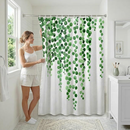 Americanflat 71x74 Botanical Shower Curtain - Water-Resistant Long Shower Curtain with Durable Metal Grommets and 12 Hooks - 100% Polyester - White and Green Bathroom Curtains
