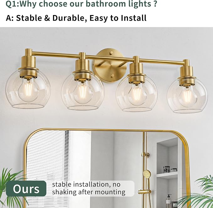 4 Light Bathroom Light Fixtures, Brushed Brass Bathroom Vanity Lights, Modern Vanity Lights 4-Light Globe Bathroom Vanity Lighting Fixture Over Mirror