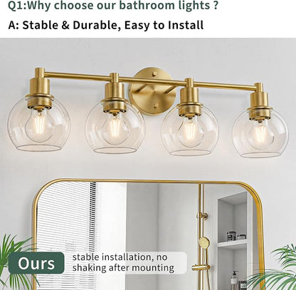 4 Light Bathroom Light Fixtures, Brushed Brass Bathroom Vanity Lights, Modern Vanity Lights 4-Light Globe Bathroom Vanity Lighting Fixture Over Mirror