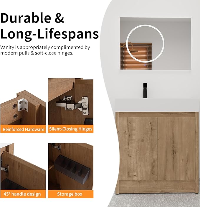 30 Inch Bathroom Vanity with Sink, Modern Bathroom Vanity Set, Brown Vanity, Soft-Closing Door and Thick Edge Resin Basin - 30" (IMO, 30inch-Left)