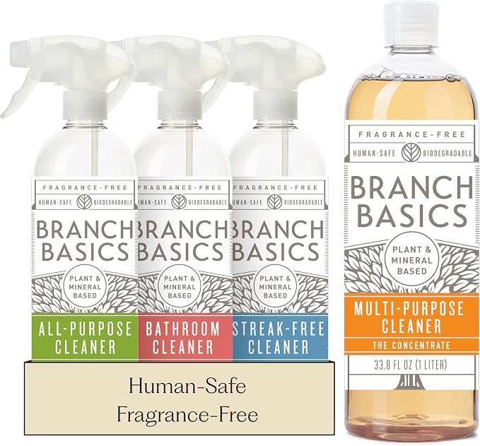 Branch Basics Cleaning Essentials Kit: All Purpose, Glass, Bathroom Cleaner | Plant-Based, Human-Safe, Fragrance-Free. Comes with Concentrate (33.8 oz) + Refillable Plastic Bottles (24 oz). 17 Refills