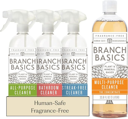 Branch Basics Cleaning Essentials Kit: All Purpose, Glass, Bathroom Cleaner | Plant-Based, Human-Safe, Fragrance-Free. Comes with Concentrate (33.8 oz) + Refillable Plastic Bottles (24 oz). 17 Refills