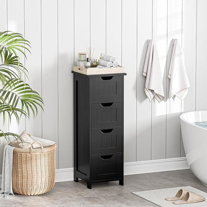 Bathroom Floor Storage Cabinet, Freestanding Wooden Side Organizer w/4 Drawers & Anti-Tip Kit for Bathroom Living Room Hallway Office Study, Black