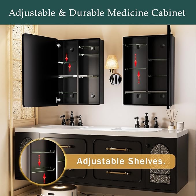 Medicine Cabinet with Mirror 16x24 Inch, Aluminum Bathroom Cabinet Recessed or Surface Mount, Black Frame with Six Adjustable Glass Shelves, Soft Close Hinge