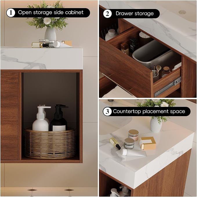KEIKI 39.4" Bathroom Vanity with Undermount Sink Combo, Modern Floating Vanity Cabinet with 2 Drawers & Open Side Shelves, Storage Wall Mounted Cabinet for Small Space, Walnut Marbe