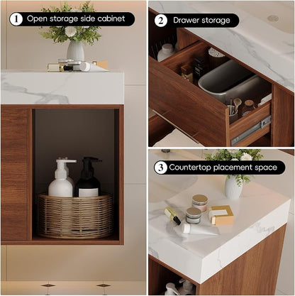 KEIKI 39.4" Bathroom Vanity with Undermount Sink Combo, Modern Floating Vanity Cabinet with 2 Drawers & Open Side Shelves, Storage Wall Mounted Cabinet for Small Space, Walnut Marbe