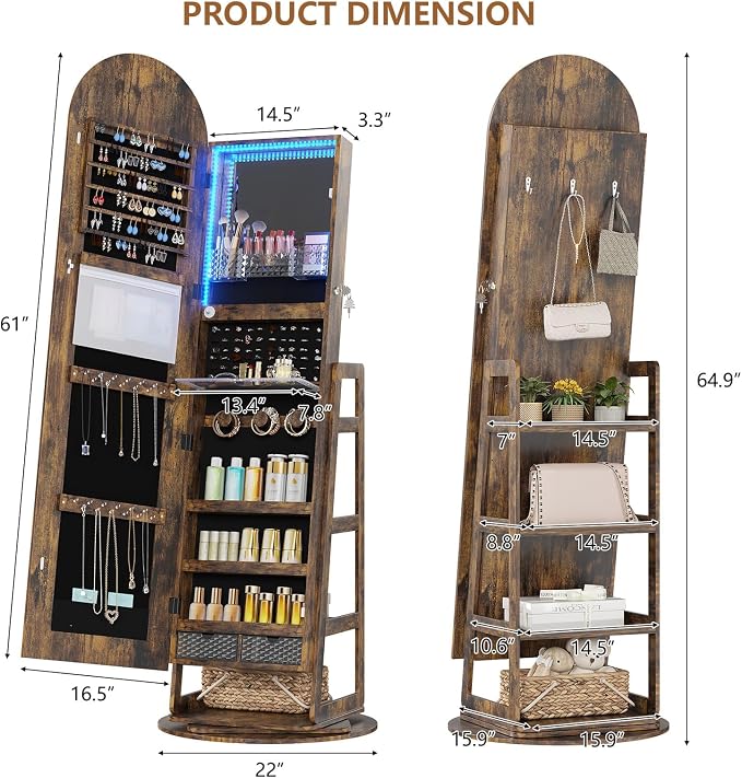 HWB Arched LED Jewelry Cabinet with Full-Length Mirror & Storage Shelves