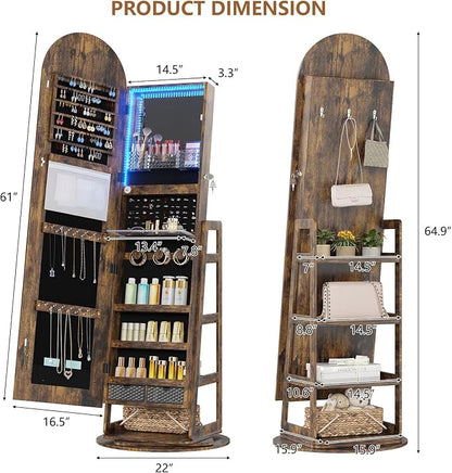 HWB Arched LED Jewelry Cabinet with Full-Length Mirror & Storage Shelves