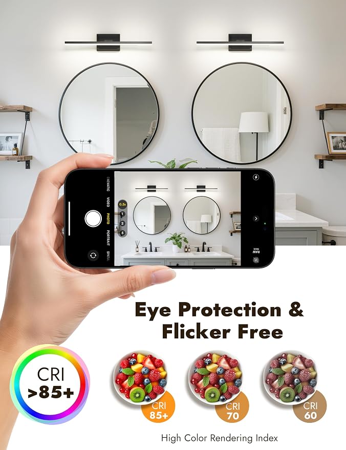 24 Inch Modern Bathroom Light Fixture, 14W 5CCT Dimmable LED Black Bathroom Vanity Lights Over Mirror, Vanity Lights for Bathrooms Restroom Mirror- ETL Certified
