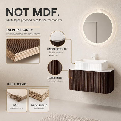 30 Inch Bathroom Vanity with Sink, Floating Wall Mounted Single Sink Vanity, Dark Walnut Curved Fluted Front, Stone Top, White Textured Rectangular Vessel Basin, Pre-Assembled