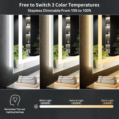 55"x36" LED Bathroom Mirror with Lights, Backlit+Frontlit, Anti-Fog | CRI 95, Stepless Dimmable, 3 Colors Lighting, Shatterproof Tempered Glass, HD Reflection, Memory, (Horizontal/Vertical)