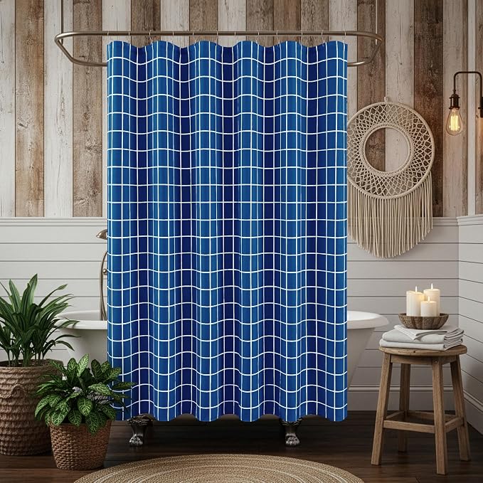 Fabric Farmhouse Shower Curtain-Extra Long Shower Curtains Bathroom Navy | 72"Wx84"L Faux Linen Grid Minimalist Simple Rustic Neutral Shower Curtain Decor-Cloth Geometric Plaid Washable Hotel Quality