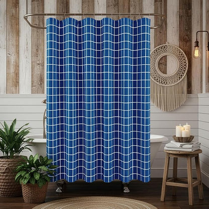 Fabric Farmhouse Shower Curtain-Extra Long Shower Curtains Bathroom Navy | 72"Wx84"L Faux Linen Grid Minimalist Simple Rustic Neutral Shower Curtain Decor-Cloth Geometric Plaid Washable Hotel Quality