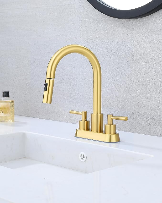 Bathroom Faucet with Pull Out Sprayer, 3 Holes Pull Down Gold Faucet | Stainless Steel Lead-Free, 4 Inch Centerset Vanity Faucet, 2 Handle, 3 Hole Gold Faucet for RV Laundry Restroom
