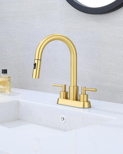 Bathroom Faucet with Pull Out Sprayer, 3 Holes Pull Down Gold Faucet | Stainless Steel Lead-Free, 4 Inch Centerset Vanity Faucet, 2 Handle, 3 Hole Gold Faucet for RV Laundry Restroom