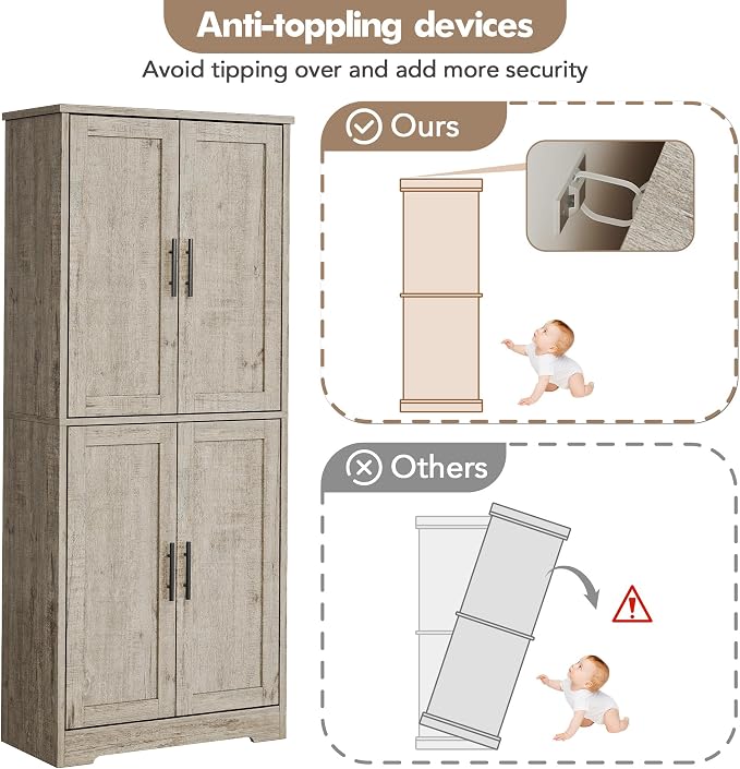 Garvee Kitchen Pantry Cabinet, 70 Inch Tall Storage Cabinet | with Doors and Adjustable Shelves, Freestanding Wooden Classic Cupboard for Living Room, Dining Room, Bathroom