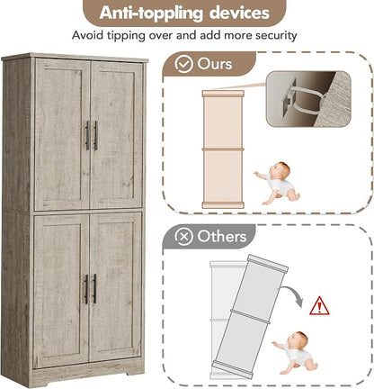 Garvee Kitchen Pantry Cabinet, 70 Inch Tall Storage Cabinet | with Doors and Adjustable Shelves, Freestanding Wooden Classic Cupboard for Living Room, Dining Room, Bathroom