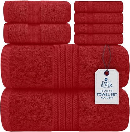 DAN RIVER 8 Piece Luxury Bath Towels for Bathroom, Towel Set, Red | 2 Bath towels, 2 Hand towels, and 4 Wash Cloths, 600 GSM 100% Ring Spun Cotton, Highly Absorbent, Gym, Hotel, guest, and Spa