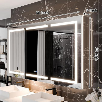 66"x36" Smart LED Medicine Cabinet with Mirror - Triple Door Bathroom Storage, Anti-Fog Technology, 3-Color Stepless Dimming, 5X Magnifier, Night Light, Soft-Close Hinges
