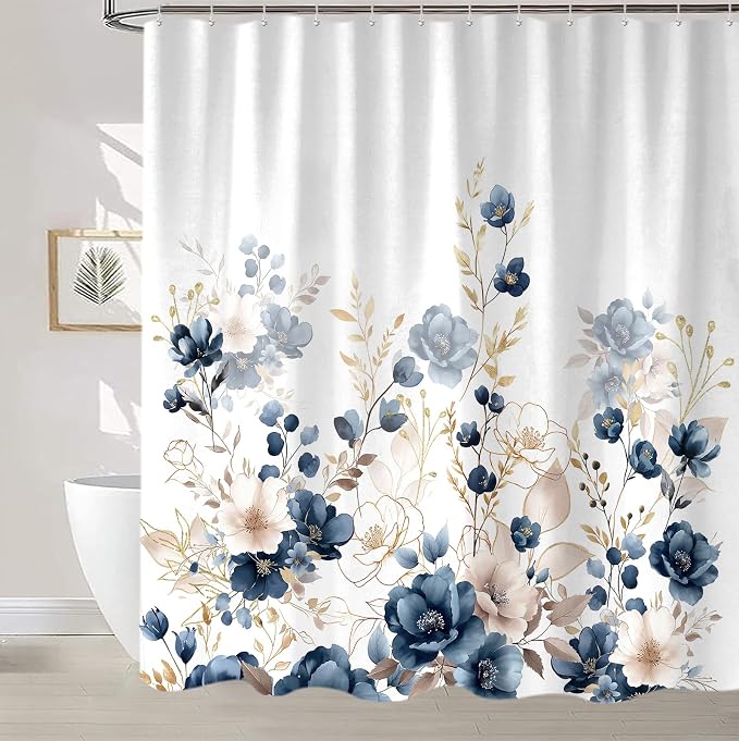 Sanzugh Navy Blue and Gold Flower Long Shower Curtain, Boho Watercolor Floral Leaves Cute Fabric Shower Curtains Set for Bathroom Decorative with Hooks 72 X 78 inch Beautiful Bath Decor