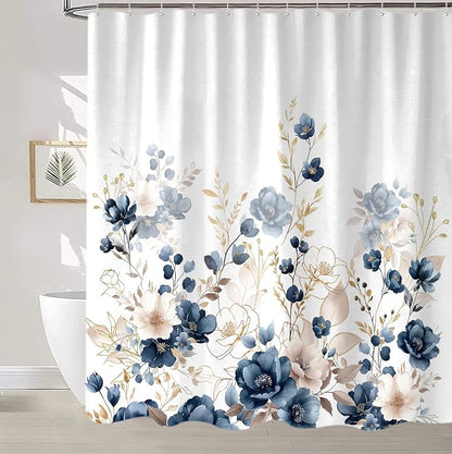 Sanzugh Navy Blue and Gold Flower Long Shower Curtain, Boho Watercolor Floral Leaves Cute Fabric Shower Curtains Set for Bathroom Decorative with Hooks 72 X 78 inch Beautiful Bath Decor