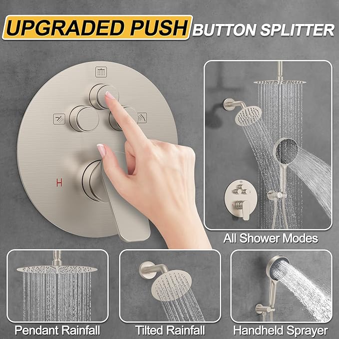 Shower Faucet Set Brushed Nickel Shower System, 12 Inch Ceiling Rain Shower Head with Handheld, Polished Nickel High Pressure Shower Fixtures Set (12" Brushed Nickel)