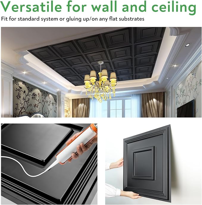 STICKGOO Black Drop Ceiling Tile 2ft x 2ft, Ceiling Panel High-Grade PVC Coverings 24 x 24in - 24 Pack Cover 96 Sq. Ft