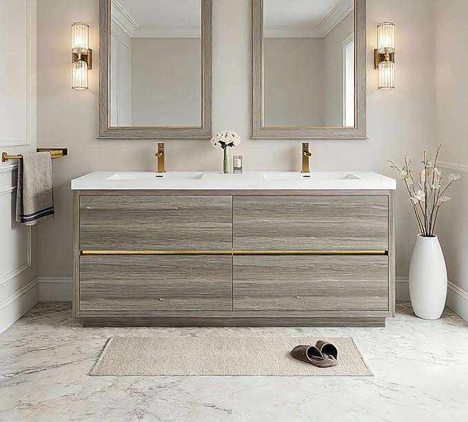 72 Inch Bathroom Vanity with Sink, Double Sink Bathroom Vanity, Freestanding Vanity Bathroom Soft Closed 4 Drawers, Integrated Sink (Ash Grey)