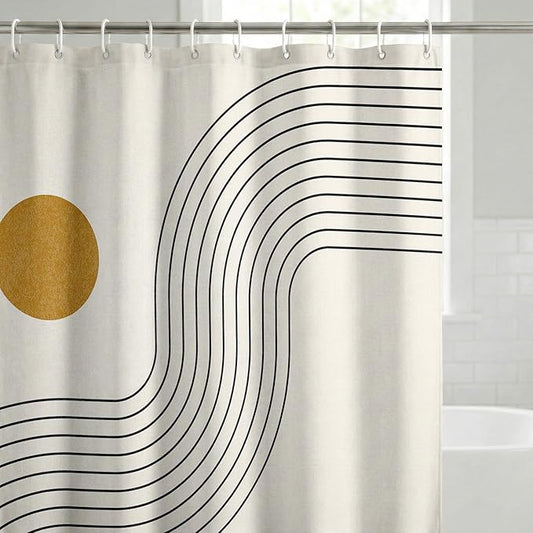 Americanflat 71x74 Boho Shower Curtain - Water-Resistant Long Shower Curtain with Durable Metal Grommets and 12 Hooks - 100% Polyester - Warm Beige, Black, and Ochre Yellow